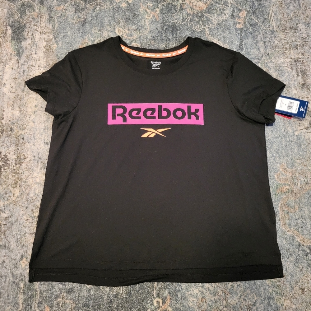 NWT Reebok Black T-Shirt with Pink Logo Size M